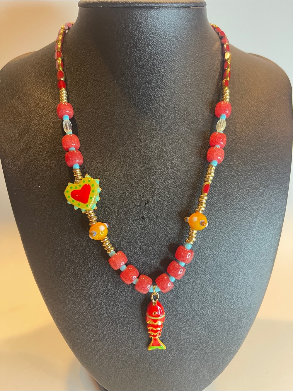 Red Beaded Necklace with Heart & Fish Charms